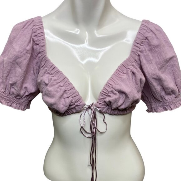O.Vianca Short Sleeve Tie Front Crop Top Purple Size Medium NWT - Picture 1 of 5